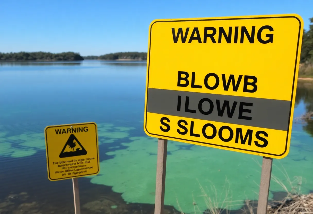 Warning signs at Cub Creek Lake regarding harmful algal blooms.