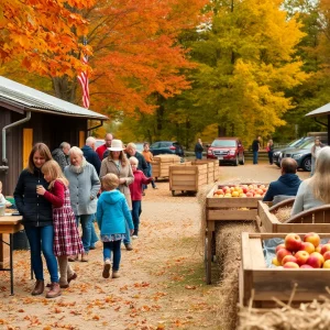 Families enjoying activities at a Detroit cider mill in the fall season.
