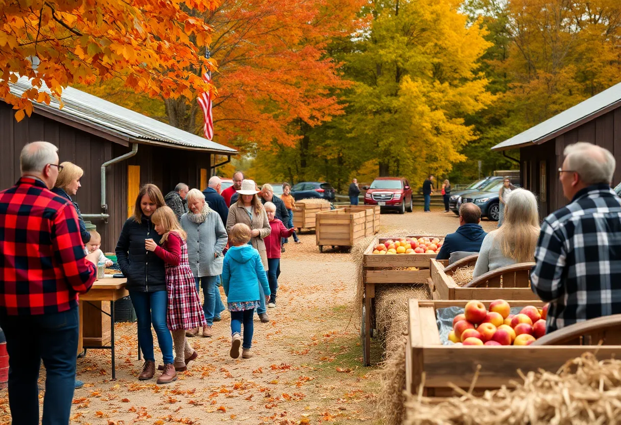 Families enjoying activities at a Detroit cider mill in the fall season.