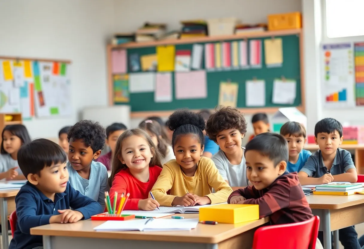 A vibrant classroom with diverse students engaged in learning.
