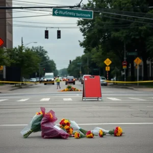 Floral memorial at the intersection where a fatal crash occurred in Detroit