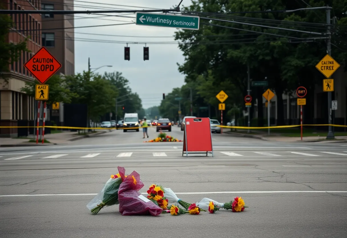Floral memorial at the intersection where a fatal crash occurred in Detroit