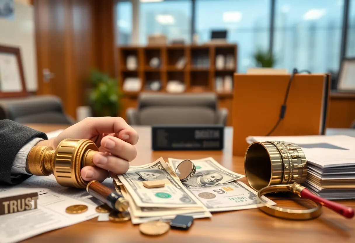 Illustration representing financial crime and embezzlement in a corporate environment.