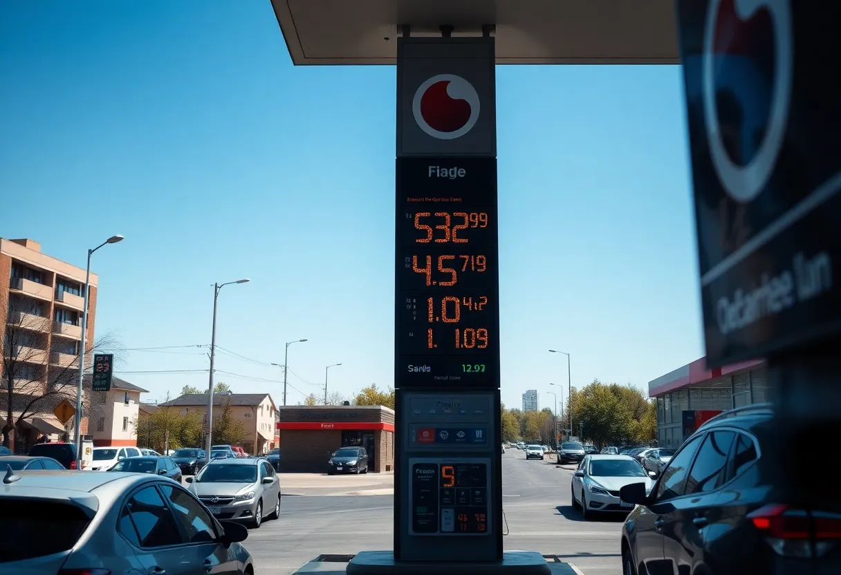 A gas station display showing rising gas prices in Grand Rapids.