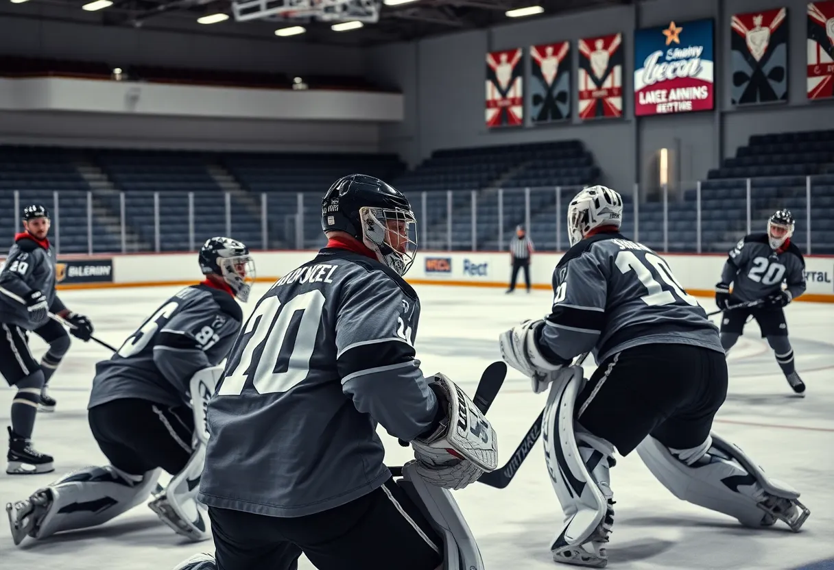 Goaltenders practicing at the Olympic hockey camp