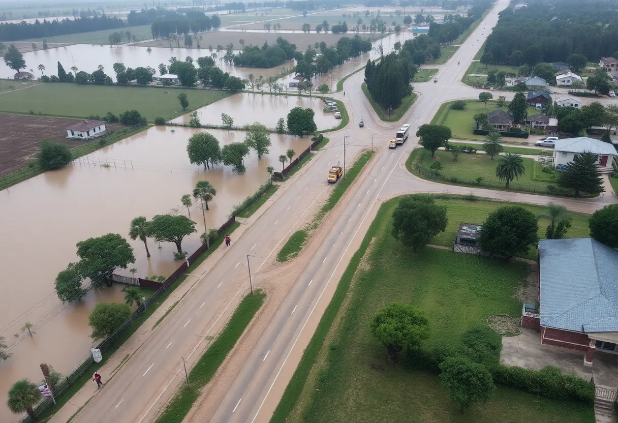 Aerial view of flooding in Houghton County with visible road damage.