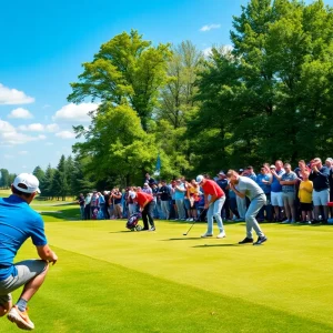 Players competing in the LIV Golf League Team Championship on a green golf course.