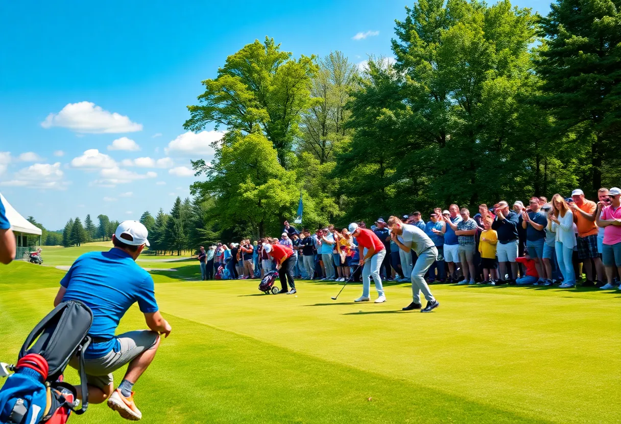 Players competing in the LIV Golf League Team Championship on a green golf course.