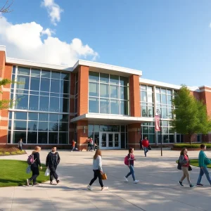 Students outside a Michigan high school celebrating academic achievements.