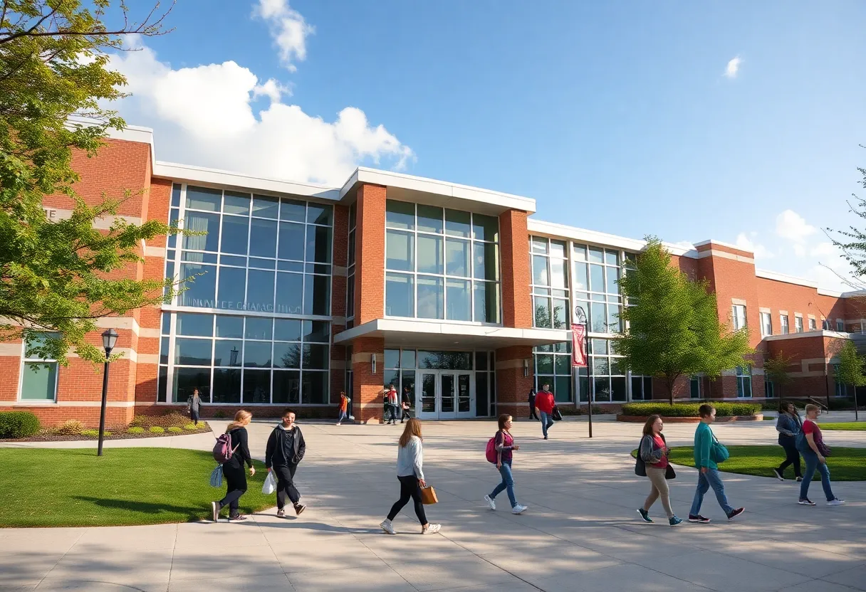 Students outside a Michigan high school celebrating academic achievements.