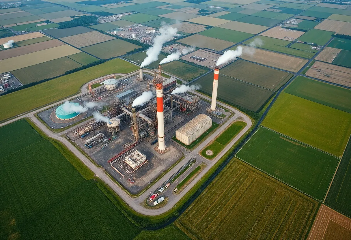 Oil refinery in Michigan surrounded by green fields and signs of environmental impact.