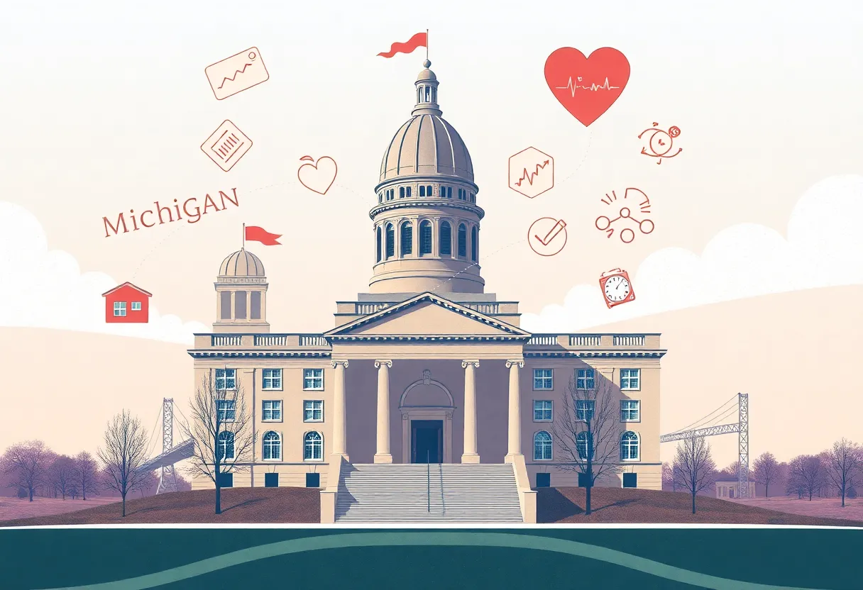 Michigan State Capitol building with budget symbols