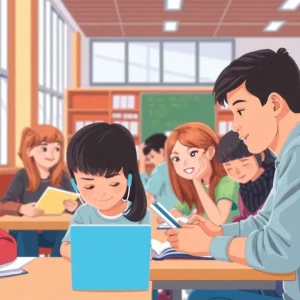 Students in a vibrant middle school classroom engaged in learning activities.