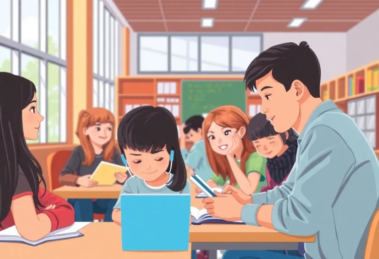 Students in a vibrant middle school classroom engaged in learning activities.