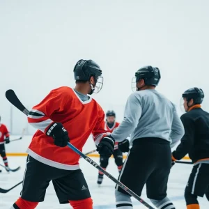 Hockey players training together on ice during offseason