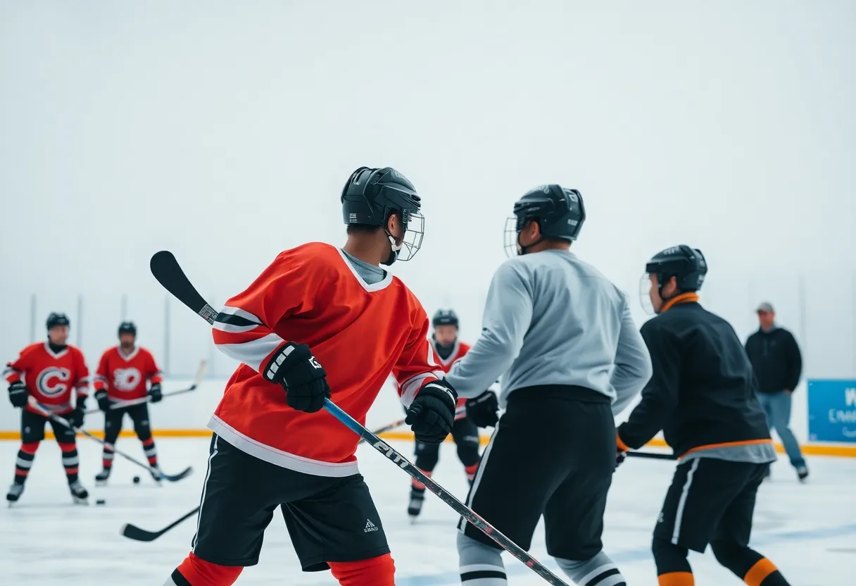 Hockey players training together on ice during offseason