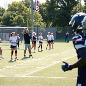 Plymouth High School volleyball and football teams practicing with new coaches.