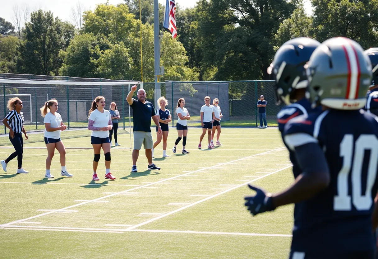 Plymouth High School volleyball and football teams practicing with new coaches.