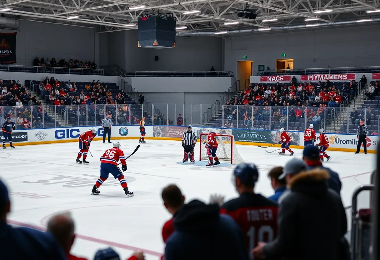 A busy ice hockey rink during a training session with goalies in action.