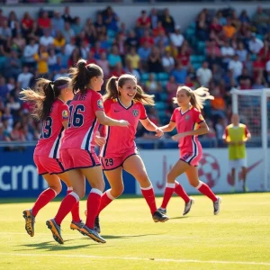 Girls soccer team celebrating a win after scoring