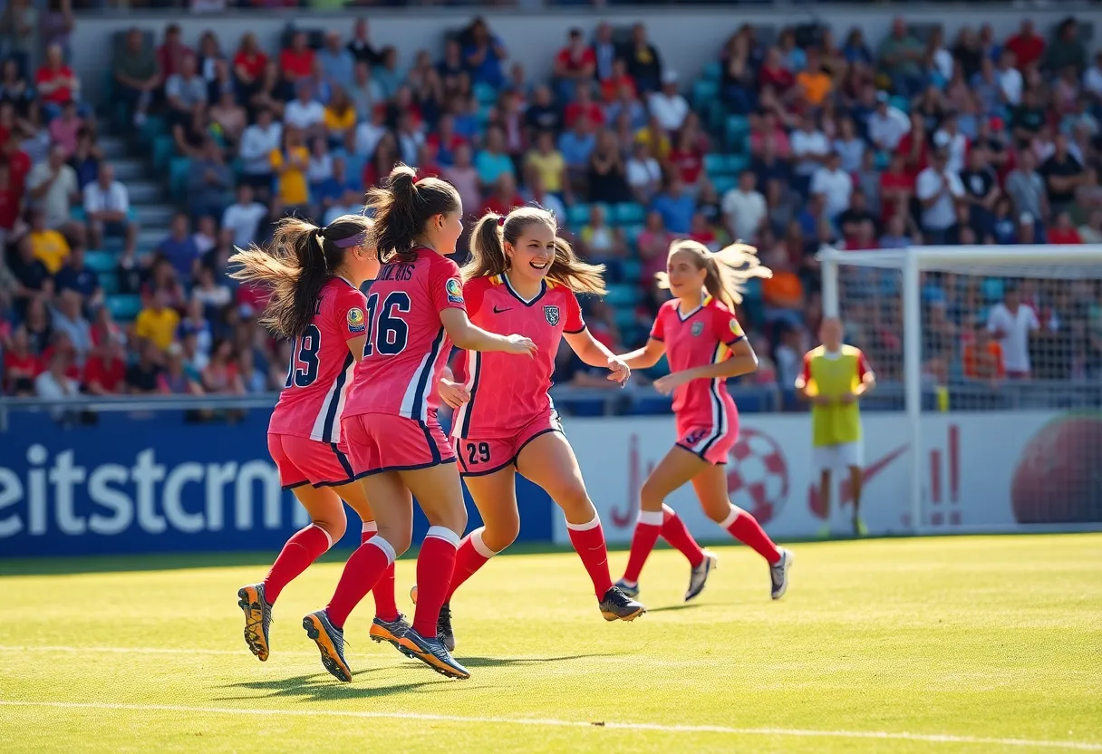 Girls soccer team celebrating a win after scoring