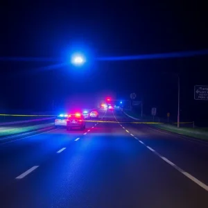 Emergency vehicles with lights on a highway after a shooting incident.