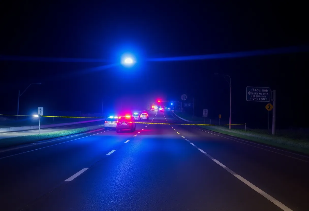 Emergency vehicles with lights on a highway after a shooting incident.
