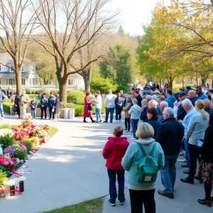 Community members paying tribute in a serene setting