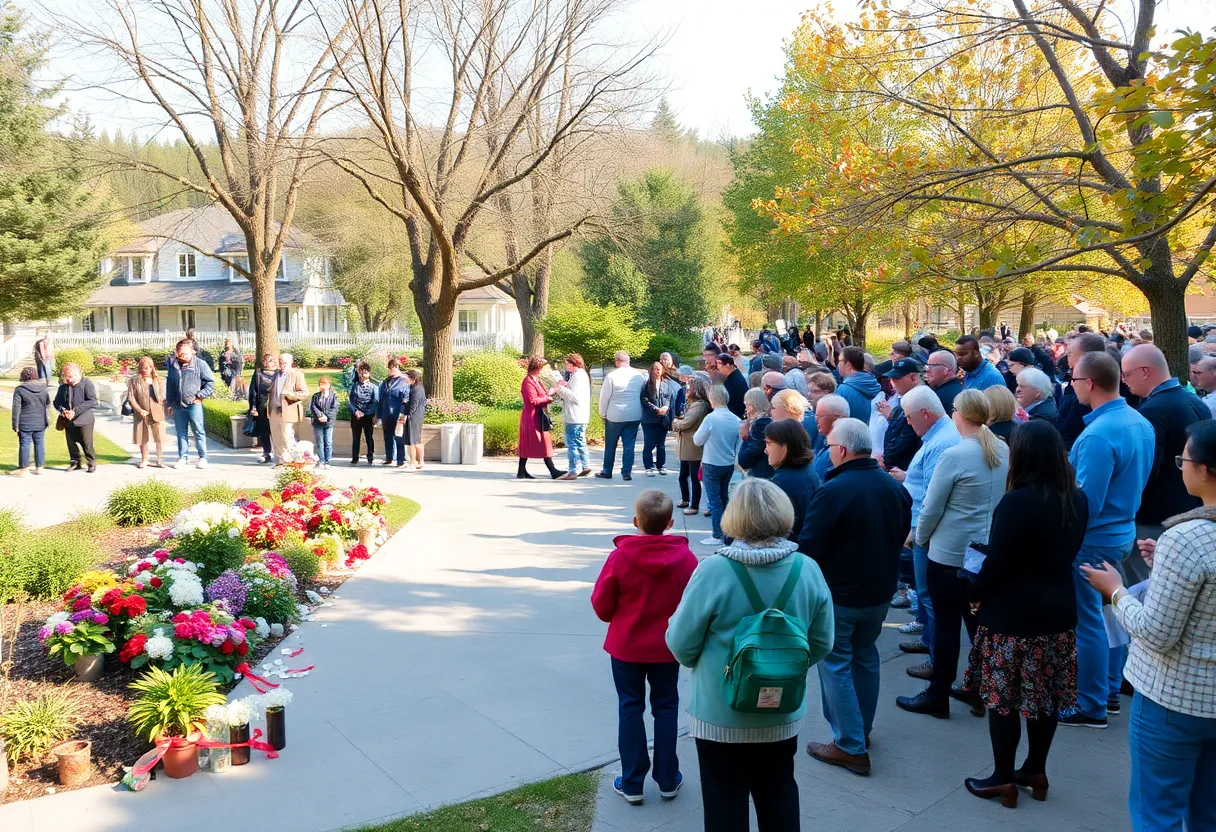 Community members paying tribute in a serene setting