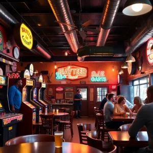 The Wurst Bar interior with arcade games and bratwursts