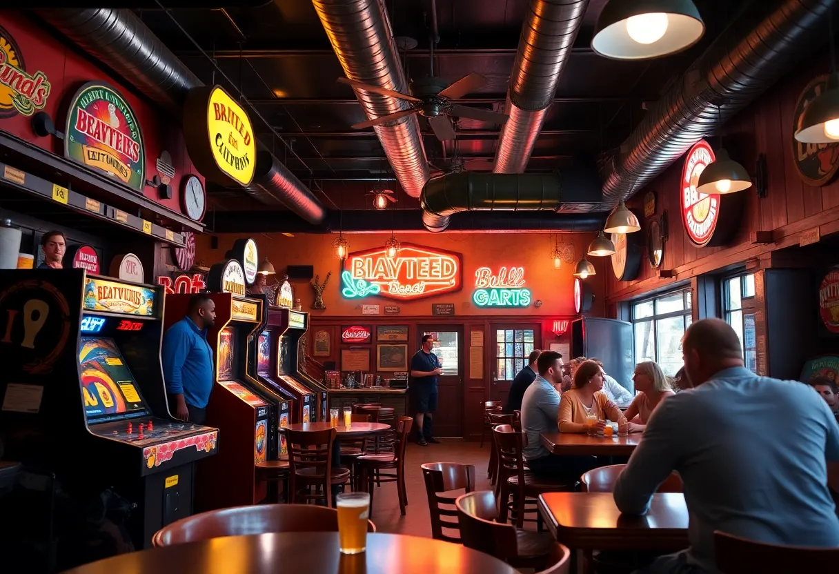 The Wurst Bar interior with arcade games and bratwursts
