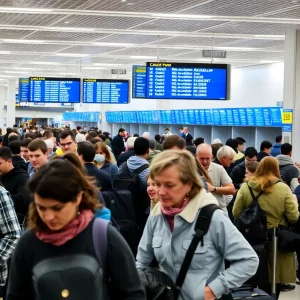 Passengers at an airport terminal looking at flight status screens showing cancellations