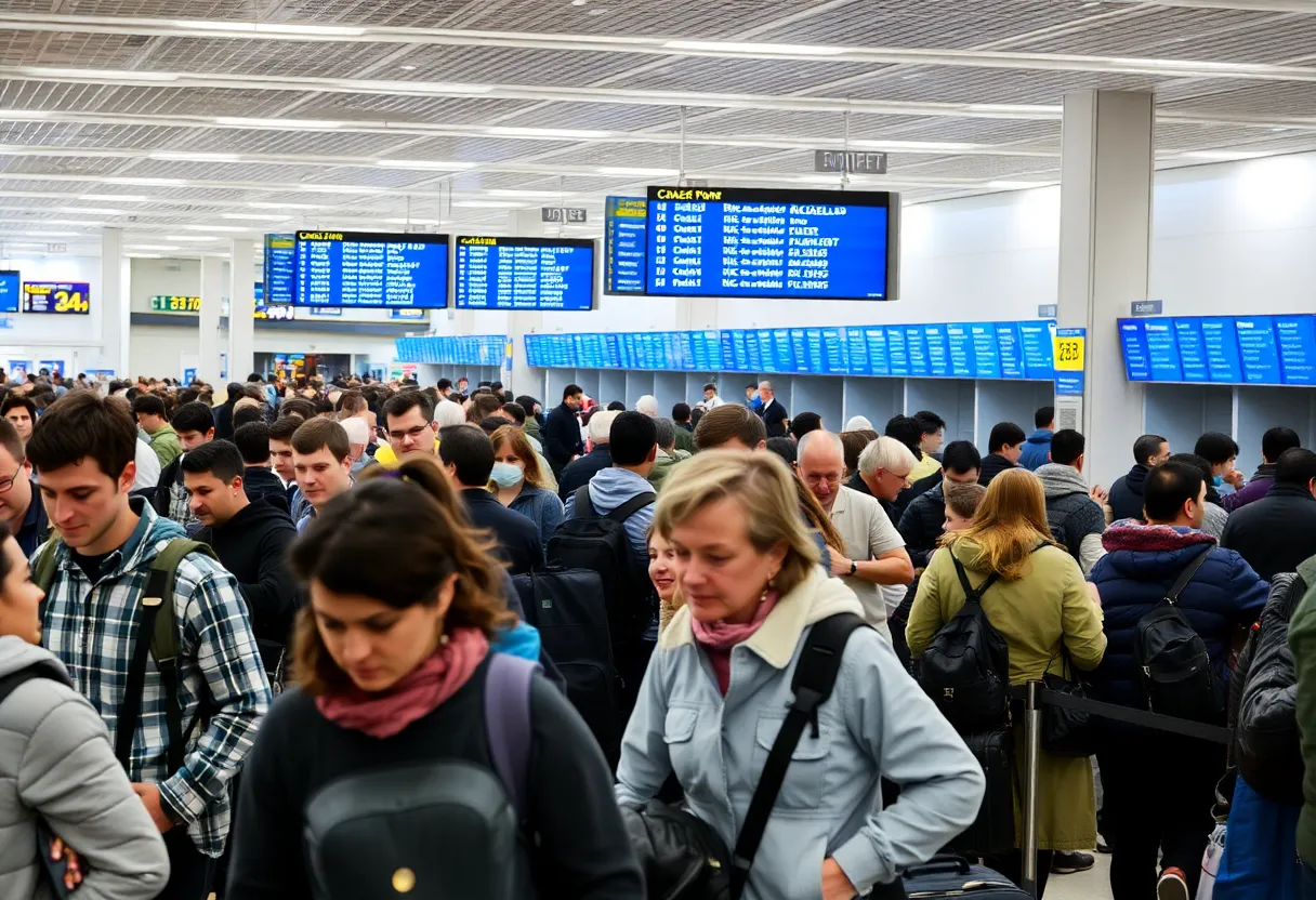 Passengers at an airport terminal looking at flight status screens showing cancellations