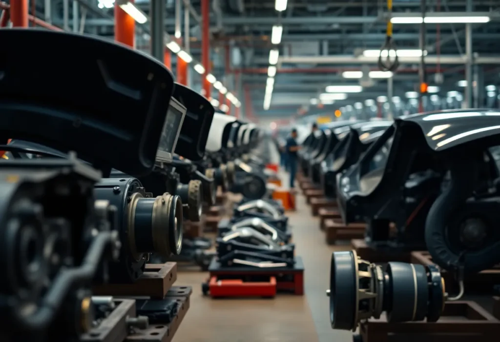 Factory setting with automotive parts assembly indicating layoffs.