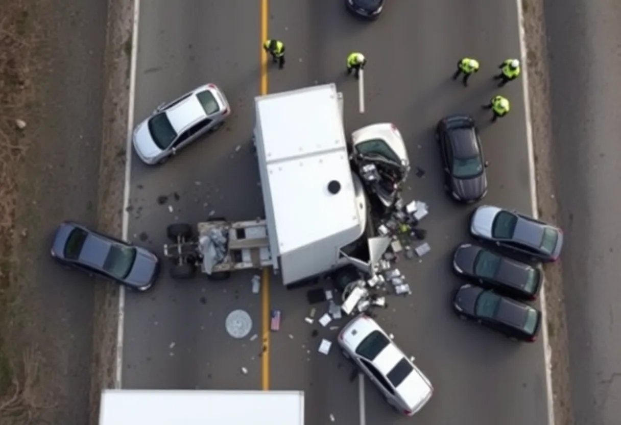 Aerial view of a crash scene with a semi-truck and multiple vehicles.