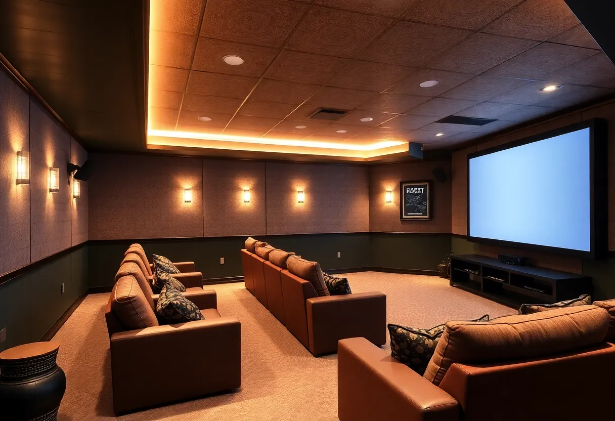 Cozy basement home theater with comfortable seating, large screen, and ambient lighting