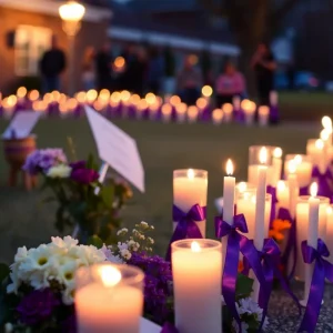 Candlelight vigil with purple ribbons for domestic violence victims