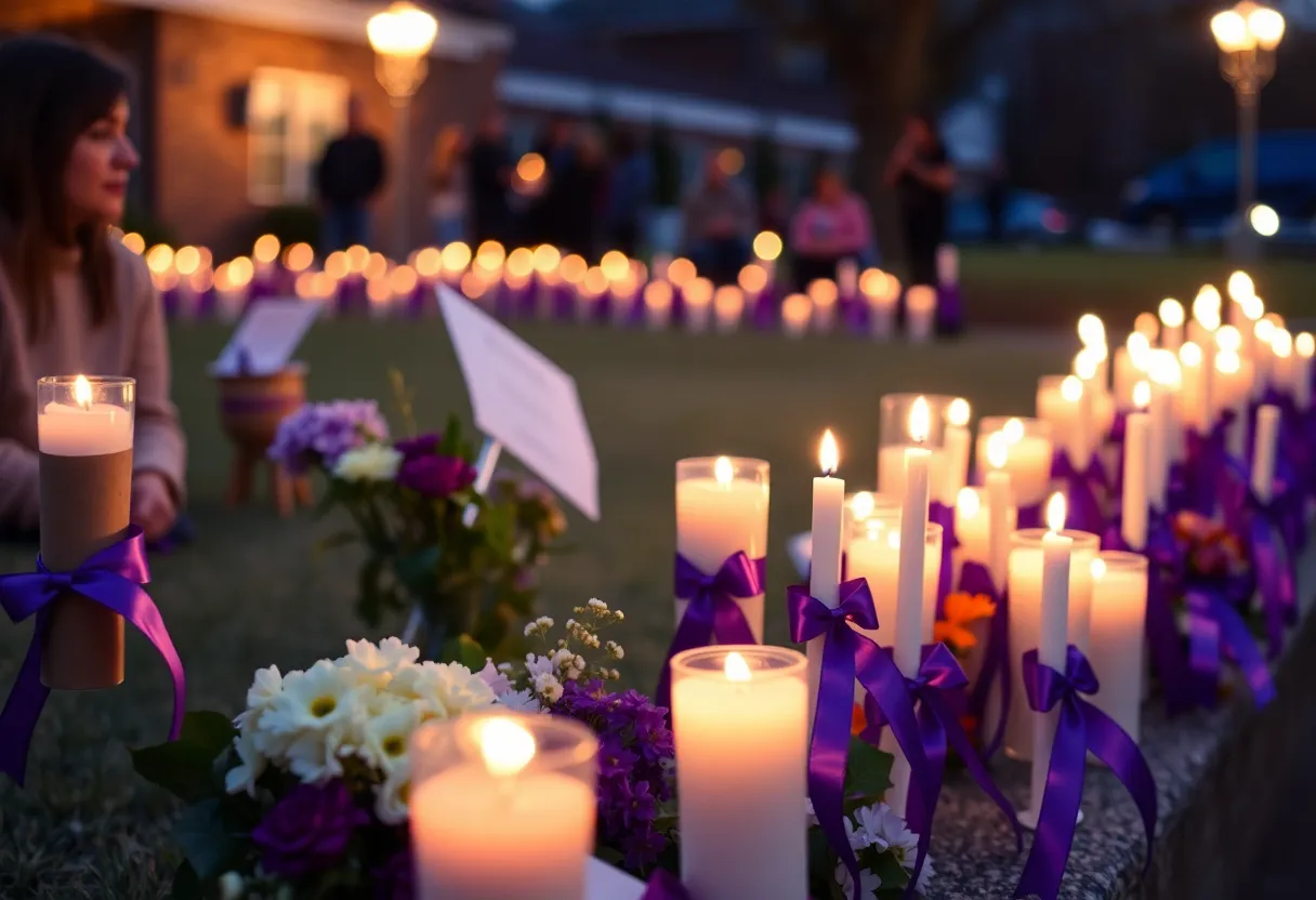 Candlelight vigil with purple ribbons for domestic violence victims