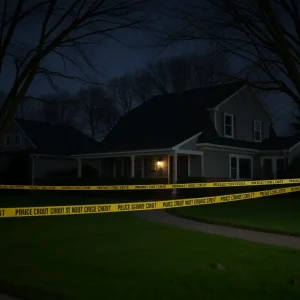 Suburban home crime scene with police tape in Canton Township