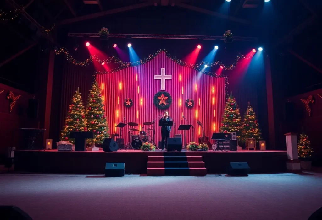 Stage setup for the Christmas Worship Tour featuring decorations and instruments