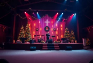 Stage setup for the Christmas Worship Tour featuring decorations and instruments
