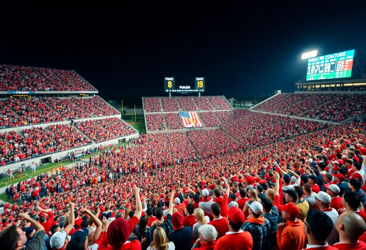 Fans cheering at a college football game
