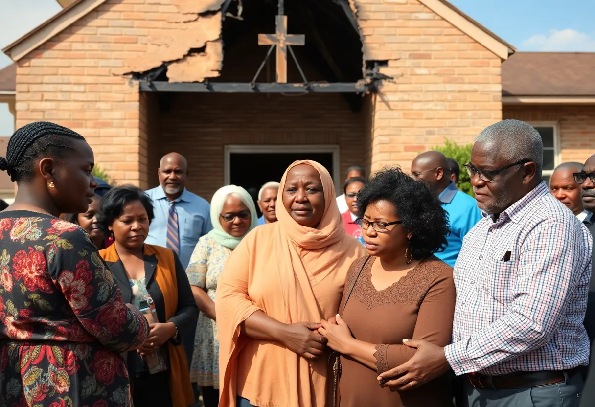 Community members gather in front of a damaged church, offering support.
