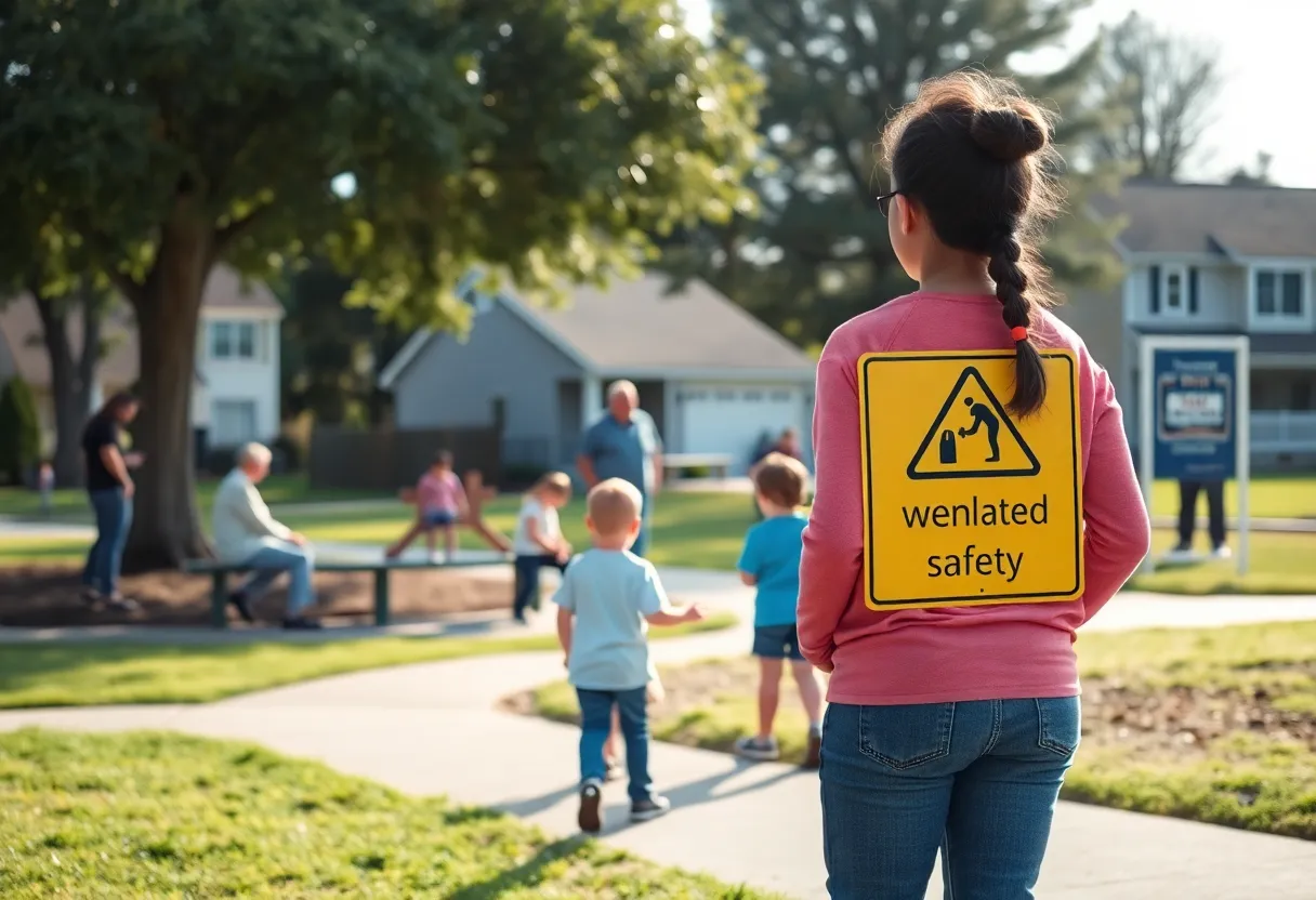 Scene depicting community safety awareness with children playing in a park.