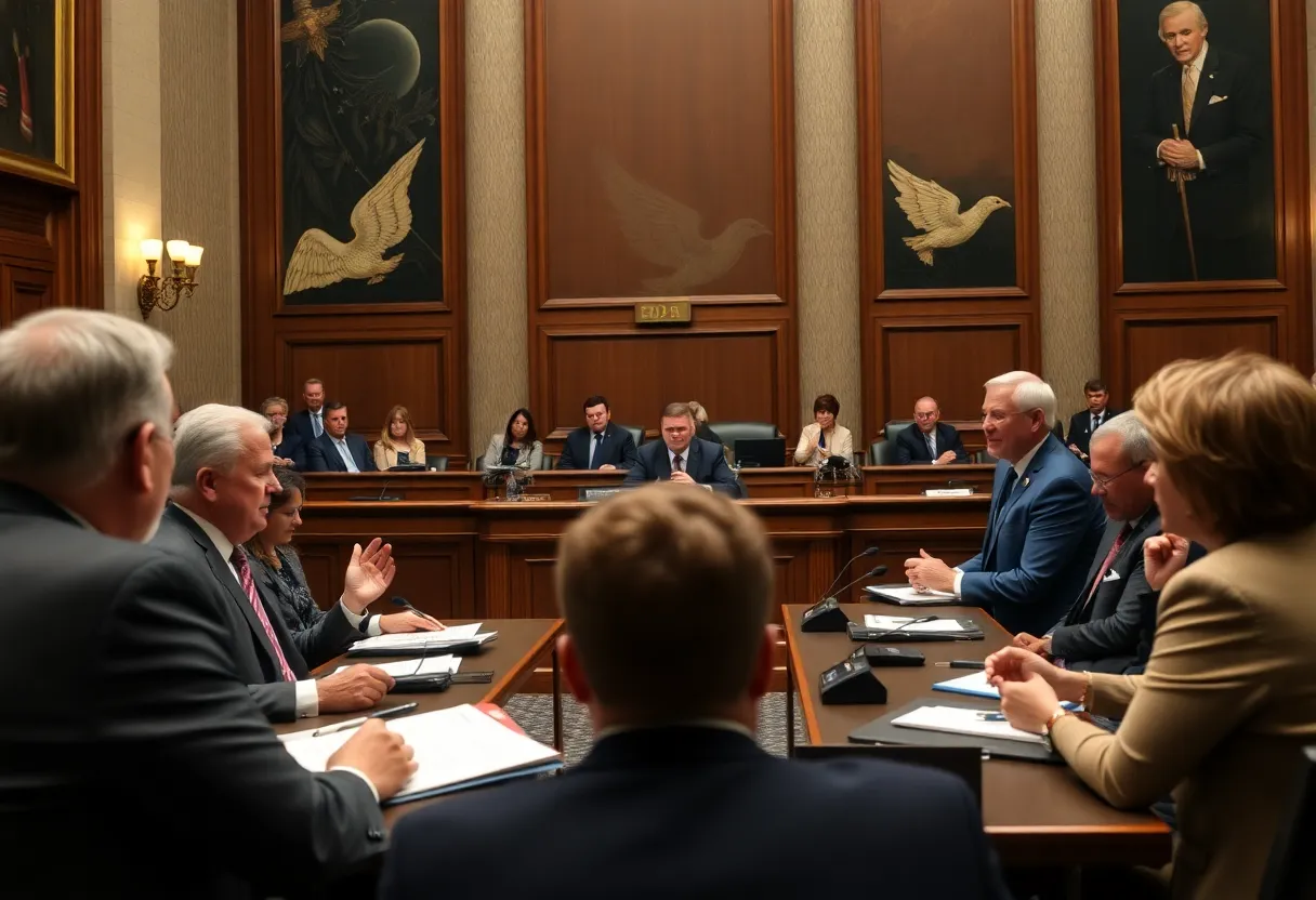 Congressional representatives debating health care issues.