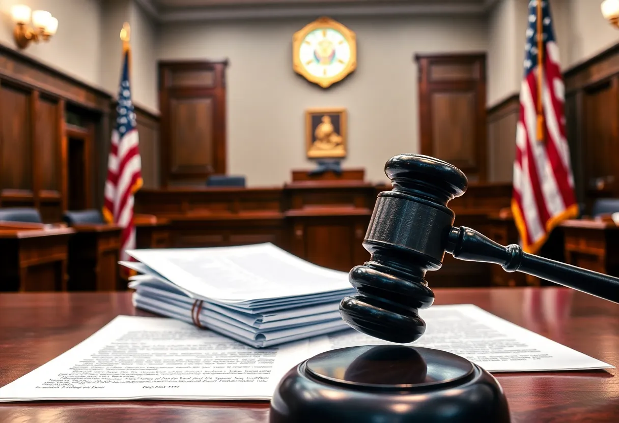 Courtroom setting with gavel and legal documents representing voting rights.