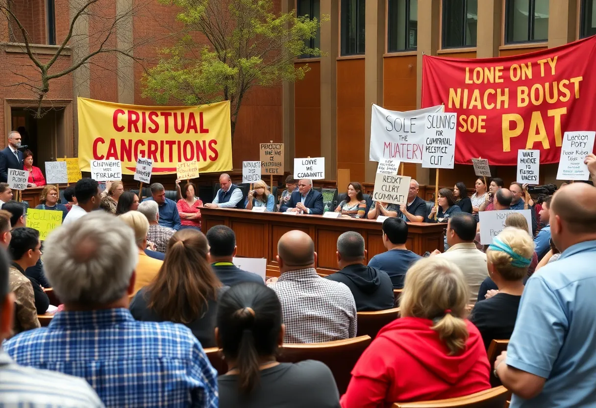 City council meeting with diverse community representation and signage.
