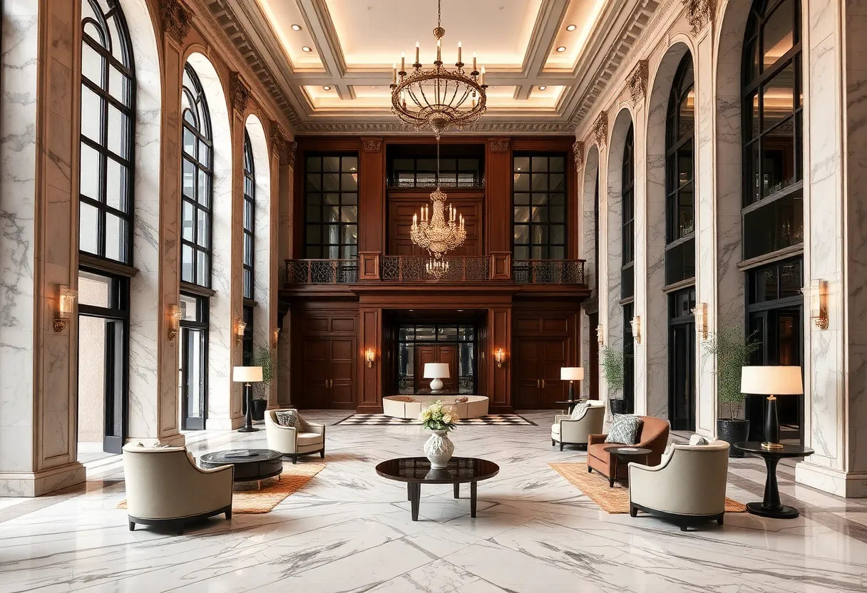 Renovated lobby of Dearborn Inn with modern decor