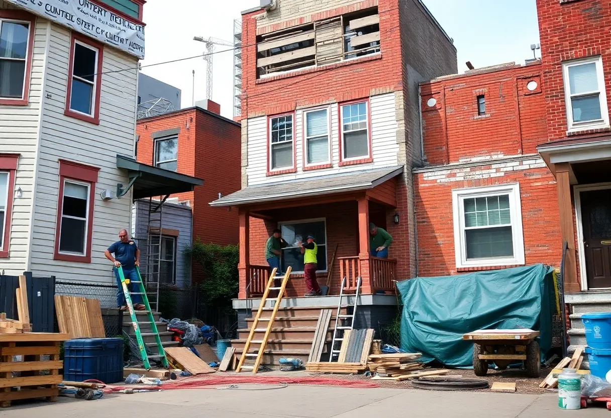 Workers on a Detroit construction site focused on home renovations