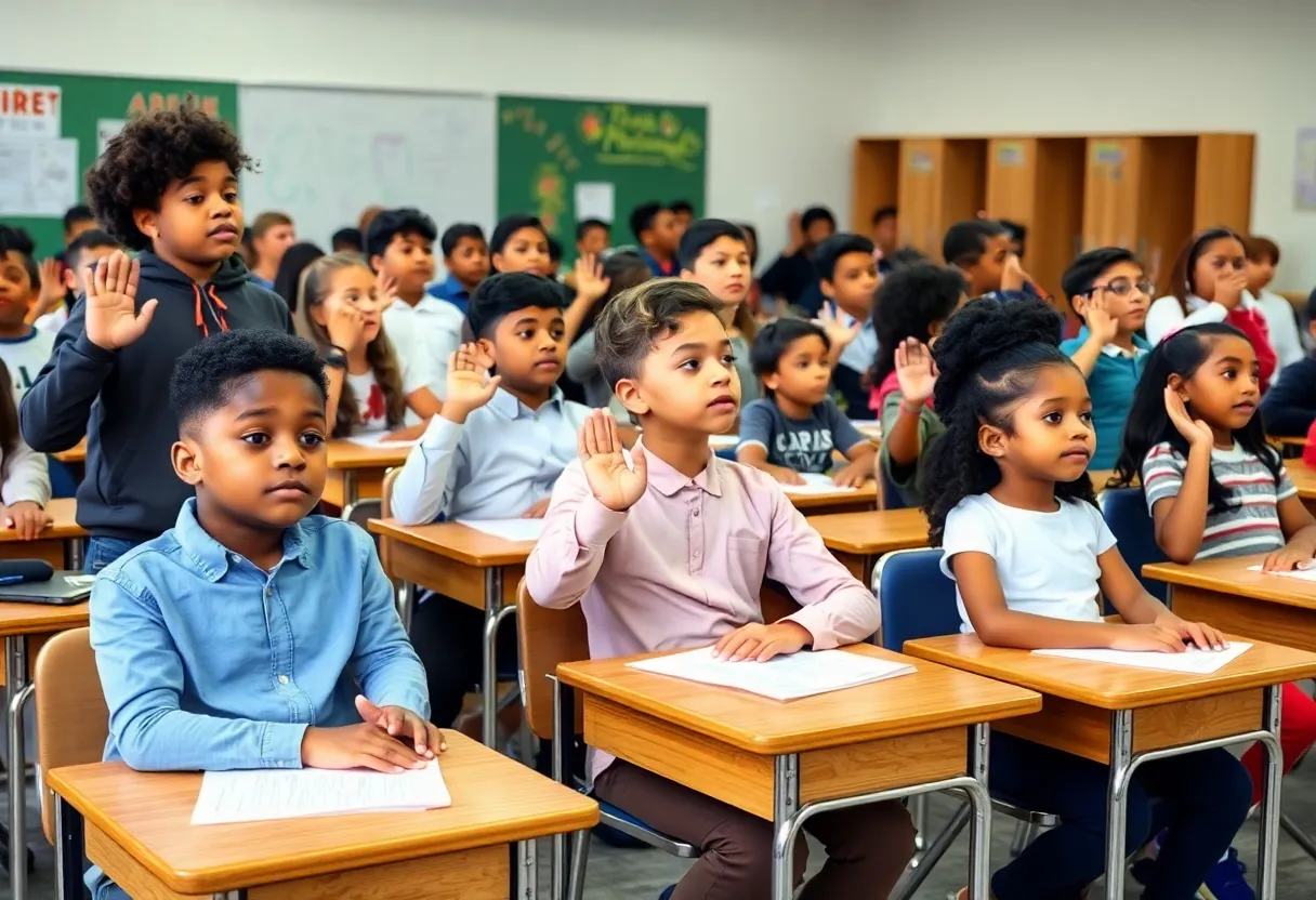 Students in a classroom participating in the Pledge of Allegiance in diverse ways.